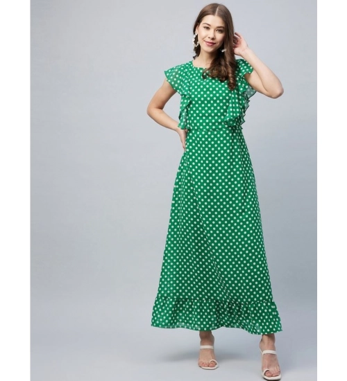 Women's Polyester Polka Close Neck Flutter Dress (Green)