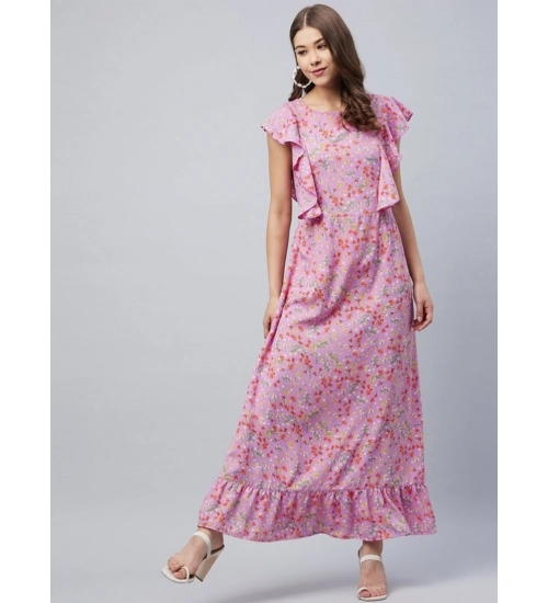 Women's Polyester Floral Round Neck Flutter Dress (Lavender)