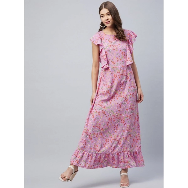 Dropship Women's Polyester Floral Round Neck Flutter Dress (Lavender)