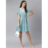 Dropship Women's Chiffon Self Design V-Neck Tie Ups Dress (Green)
