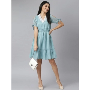Generic Women's Chiffon Self Design V-Neck Tie Ups Dress (Green)