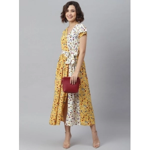 Generic Women's Polyester Floral V-Neck Short Sleeve Dress (Yellow-White)