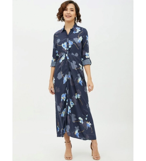 Women's Rayon Floral Collar Neck Long Sleeves Dress (Blue)