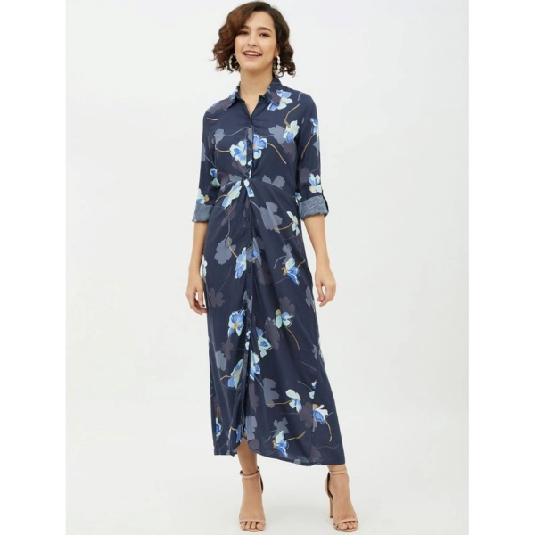 Dropship Women's Rayon Floral Collar Neck Long Sleeves Dress (Blue)