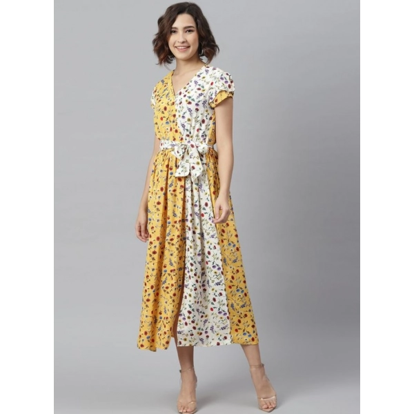 Dropship Women's Polyester Floral V-Neck Short Sleeve Dress (Yellow-White)