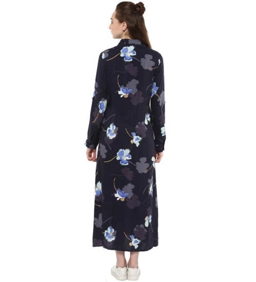 Women's Rayon Floral Collar Neck Long Sleeves Dress (Blue)