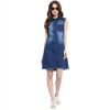 Dropship Women's Denim Solid Collar Neck Sleeveless Dress (Blue)