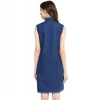 Dropship Women's Denim Solid Collar Neck Sleeveless Dress (Blue)