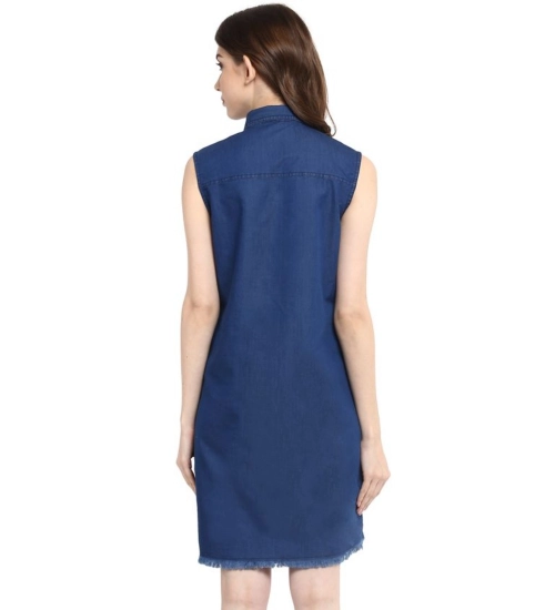Women's Denim Solid Collar Neck Sleeveless Dress (Blue)