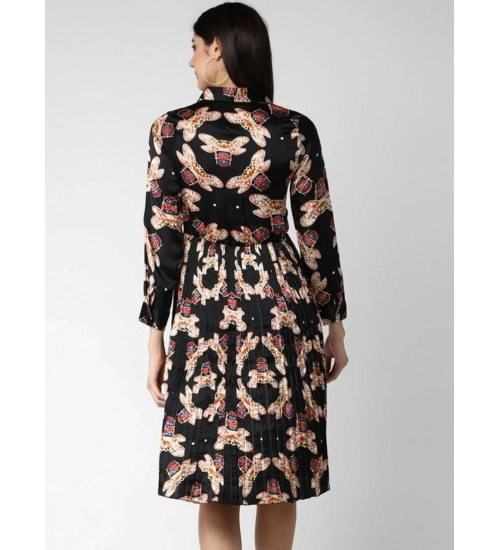 Women's Polyester Pleated Collar Neck Long Sleeves Dress (Black)