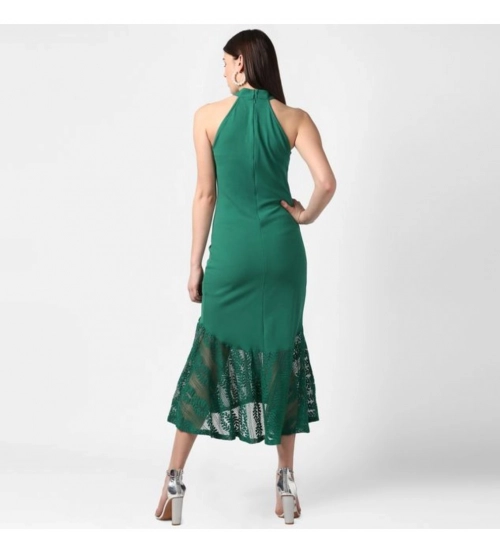 Women's Polyester Asymmetrical Close Neck Sleeveless Dress (Green)