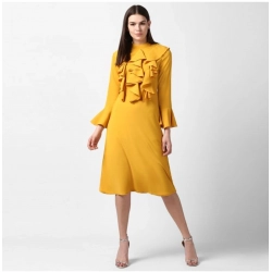 Women's Polyester Ruffled Close Neck Long Sleeves Dress (Yellow)