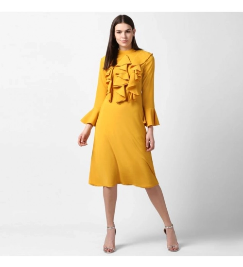 Women's Polyester Ruffled Close Neck Long Sleeves Dress (Yellow)