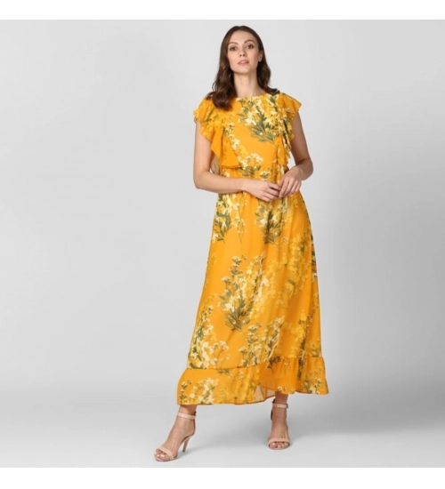 Women's Polyester Floral Round Neck Butterfly Sleeve Dress (Yellow)