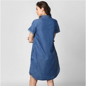 Generic Women's Denim Solid Collar Neck Short Sleeve Dress (Blue)