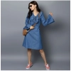 Dropship Women's Denim Solid V-Neck Bell Sleeve Dress (Blue)