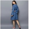 Dropship Women's Denim Solid V-Neck Bell Sleeve Dress (Blue)