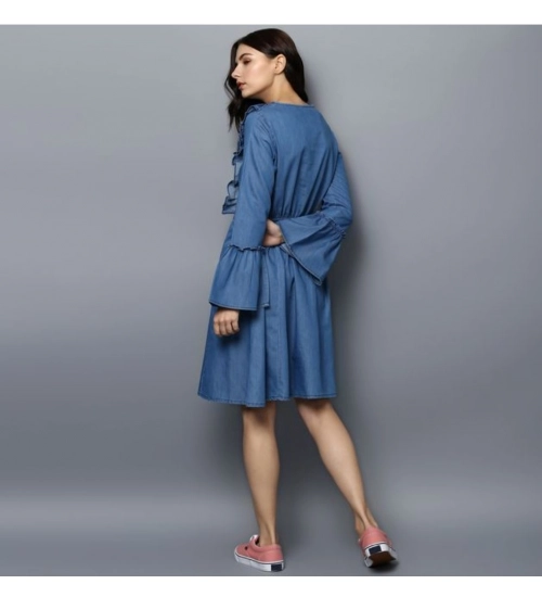Women's Denim Solid V-Neck Bell Sleeve Dress (Blue)