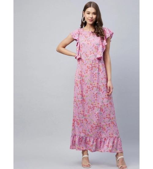 Women's Polyester Floral Round Neck Flutter Dress (Lavender)