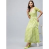 Dropship Women's Polyester-Cotton Blend Checkered Square Neck Half Sleeve Dress (Lime Green)