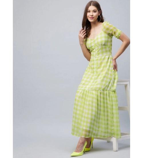 Women's Polyester-Cotton Blend Checkered Square Neck Half Sleeve Dress (Lime Green)
