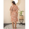 Dropship Women's Polyester Moss Floral V-Neck Bell Sleeve Dress (Brown)