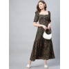 Dropship Women's Polyester Moss Floral Square Neck Half Sleeve Dress (Black)