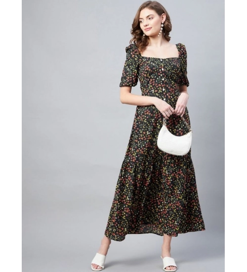 Women's Polyester Moss Floral Square Neck Half Sleeve Dress (Black)