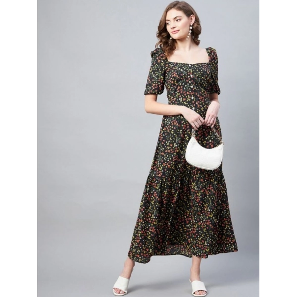 Dropship Women's Polyester Moss Floral Square Neck Half Sleeve Dress (Black)