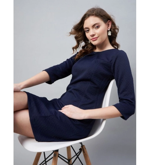 Women's Polyester Jacquard Self Design Round Neck 3/4th Sleeves Dress (Navy)