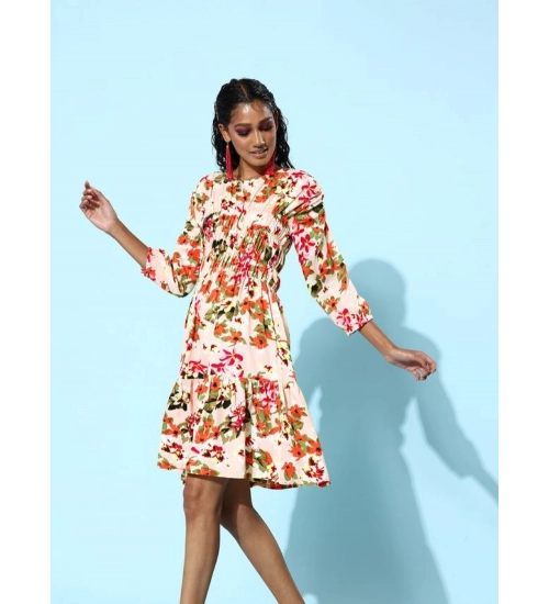 Women's Polyester Moss Polka Round Neck 3/4th Sleeves Dress (Multicolor)