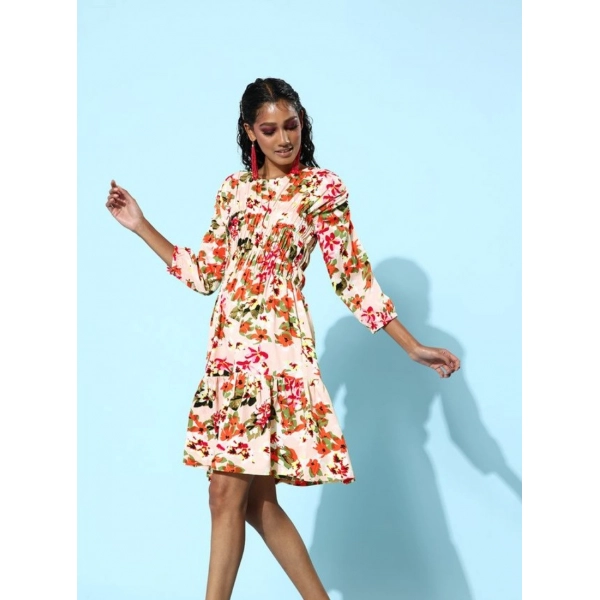 Dropship Women's Polyester Moss Polka Round Neck 3/4th Sleeves Dress (Multicolor)
