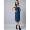 Dropship Women's Denim Lycra Solid Square Neck Shoulder Straps Dress (Blue)