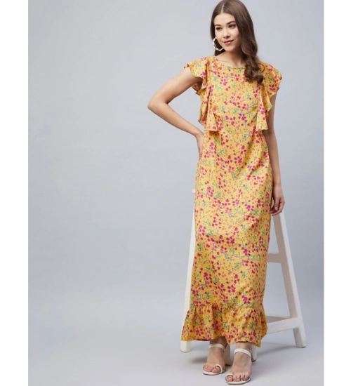 Women's Polyester Floral Round Neck Flutter Dress (Red)