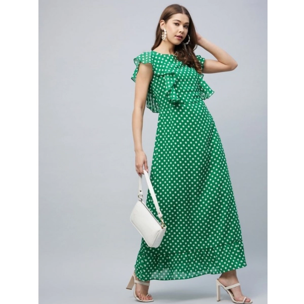 Dropship Women's Polyester Polka Close Neck Flutter Dress (Green)