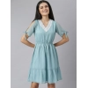 Dropship Women's Chiffon Self Design V-Neck Tie Ups Dress (Green)