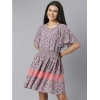 Dropship Women's Polyester Moss Floral Round Neck Flutter Dress (Grey-Red)