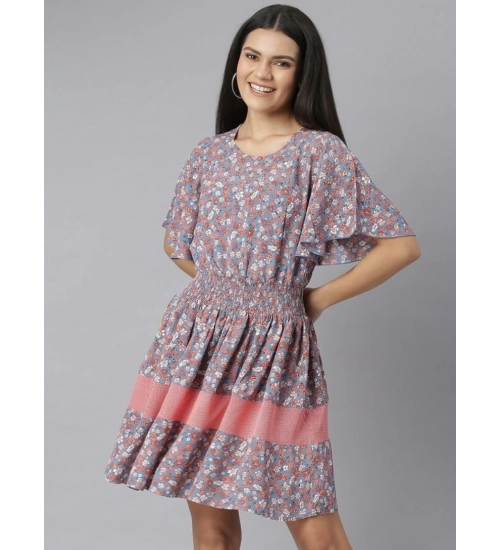 Women's Polyester Moss Floral Round Neck Flutter Dress (Grey-Red)