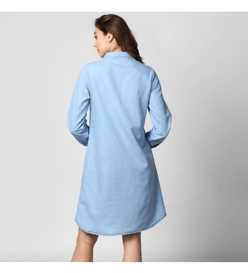 Women's Denim Solid Collar Neck Roll Up Sleeve Dress (Blue)