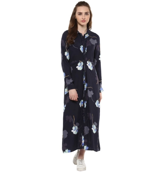 Women's Rayon Floral Collar Neck Long Sleeves Dress (Blue)