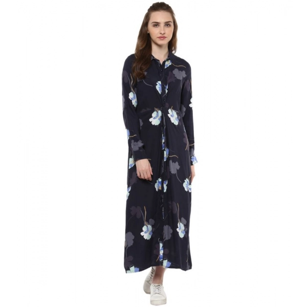 Dropship Women's Rayon Floral Collar Neck Long Sleeves Dress (Blue)