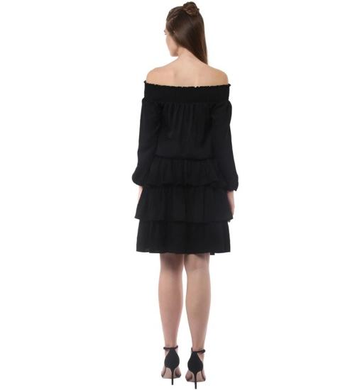Women's Polyester Moss Solid Off-Shoulder Long Sleeves Dress (Black)