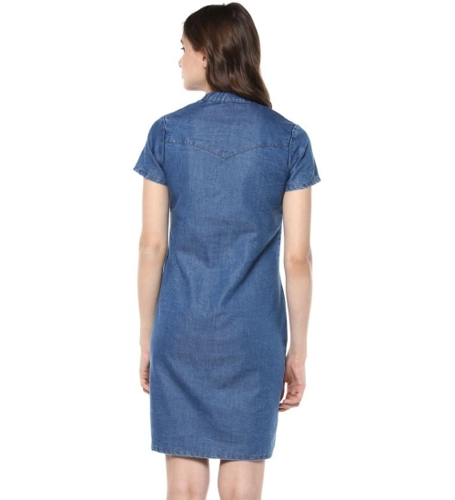 Women's Denim Solid Tie-Up Neck Short Sleeve Dress (Blue)