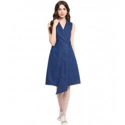 Women's Denim Solid Collar Neck Sleeveless Dress (Blue)