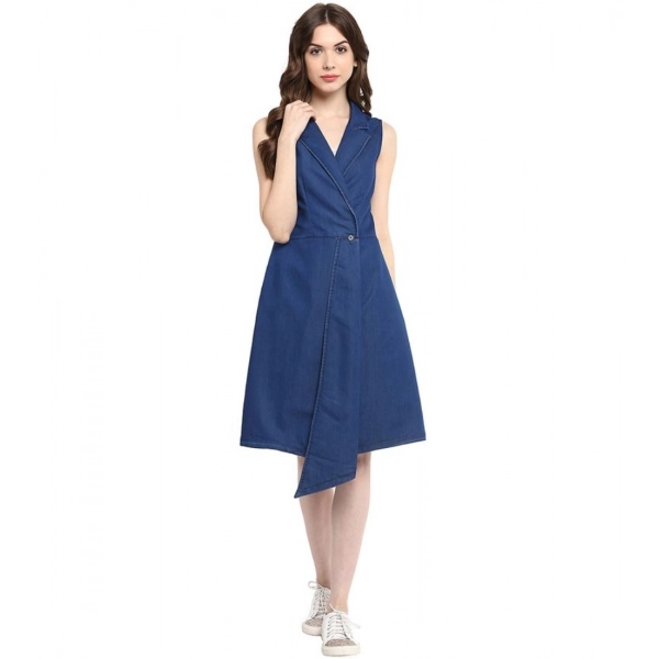 Dropship Women's Denim Solid Collar Neck Sleeveless Dress (Blue)