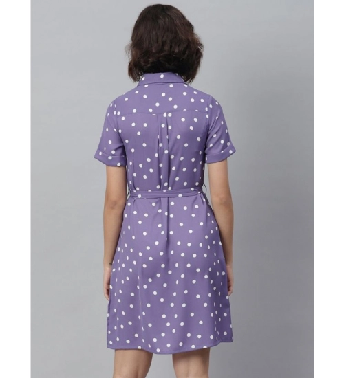 Women's Polyester Polka Collar Neck Short Sleeve Dress (Lavender)