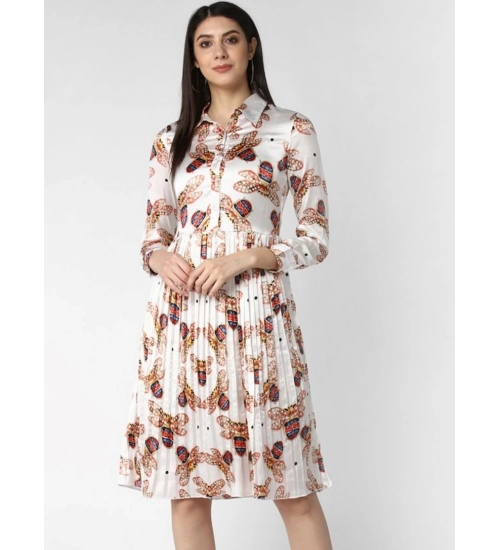 Women's Polyester Pleated Collar Neck Long Sleeves Dress (White)