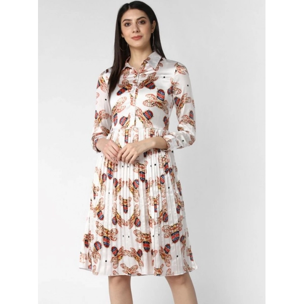 Dropship Women's Polyester Pleated Collar Neck Long Sleeves Dress (White)