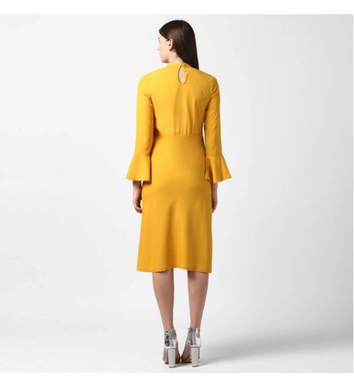 Women's Polyester Ruffled Close Neck Long Sleeves Dress (Yellow)