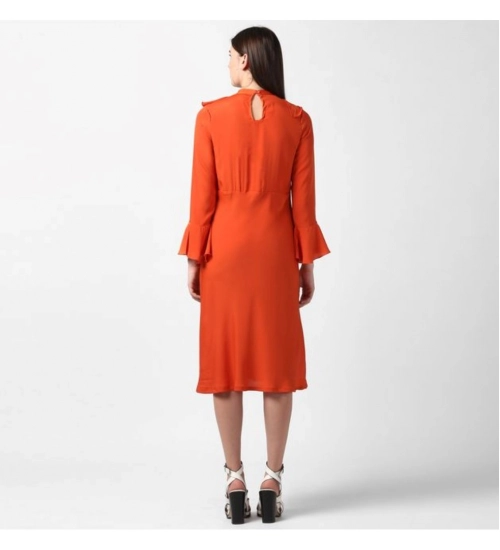Women's Polyester Ruffled Close Neck Long Sleeves Dress (Orange)